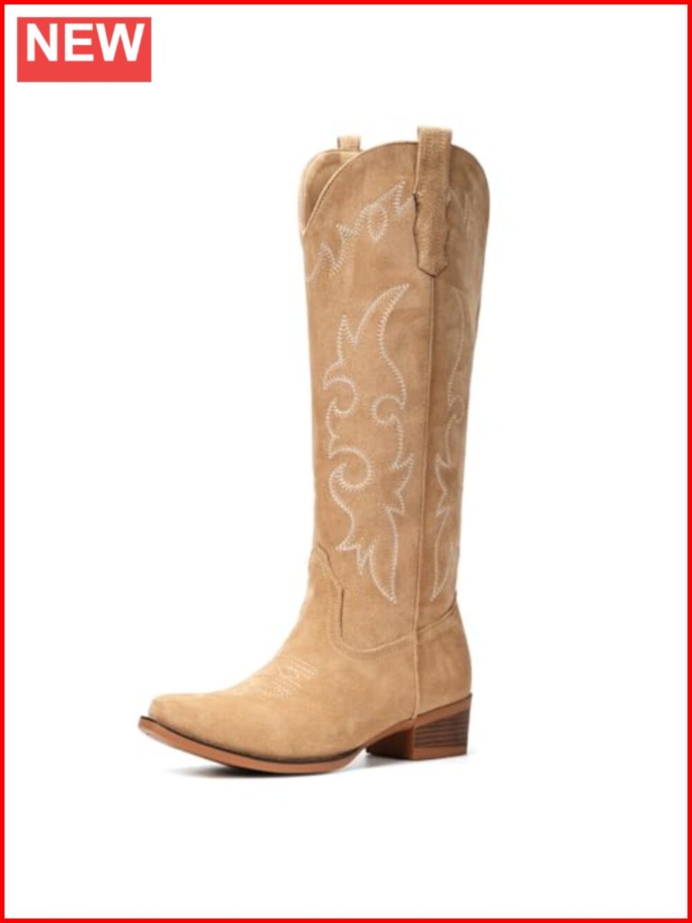 Suede Cowboy Boots Women Knee High Western Floral Embroidery